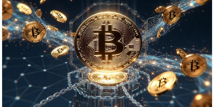 Monedas doradas de Bitcoin flotando en entorno oscuro con líneas y patrones luminosos azules y dorados, evocando transacciones digitales y dinámica visual asociada a tecnología cripto.