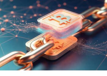 Cadena metálica con eslabones que integran símbolos de Bitcoin iluminados, rodeada de flujos de datos y nodos conectados, evocando transacciones seguras y estructura blockchain descentralizada.