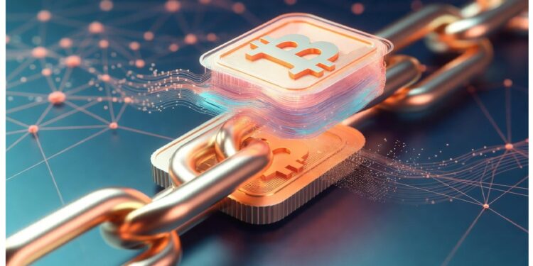 Cadena metálica con eslabones que integran símbolos de Bitcoin iluminados, rodeada de flujos de datos y nodos conectados, evocando transacciones seguras y estructura blockchain descentralizada.