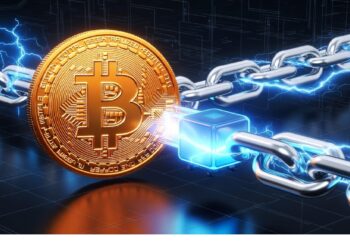 Moneda dorada de Bitcoin unida a cadena metálica con destellos azules sobre fondo oscuro cuadriculado, evocando energía digital y concepto de seguridad en tecnología cripto.