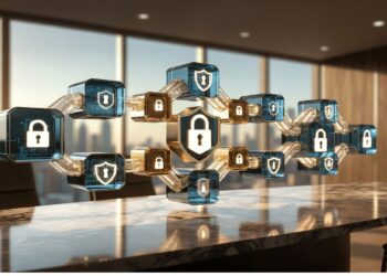 Cubos transparentes conectados con iconos de escudo y candado flotan sobre mesa en oficina luminosa con ventanales a la ciudad, evocando seguridad digital y redes basadas en blockchain.