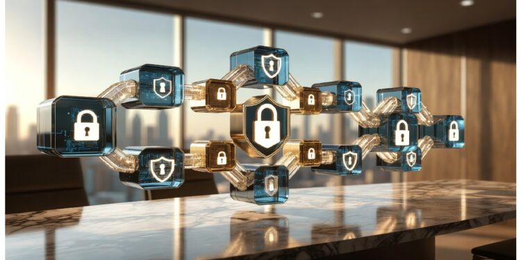 Cubos transparentes conectados con iconos de escudo y candado flotan sobre mesa en oficina luminosa con ventanales a la ciudad, evocando seguridad digital y redes basadas en blockchain.