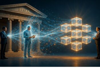 Tres personas frente a edificio bancario interactúan con flujos luminosos conectados a red de cubos brillantes, evocando vínculo entre sistemas financieros tradicionales y tecnología digital segura.