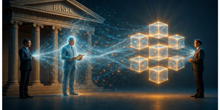 Tres personas frente a edificio bancario interactúan con flujos luminosos conectados a red de cubos brillantes, evocando vínculo entre sistemas financieros tradicionales y tecnología digital segura.
