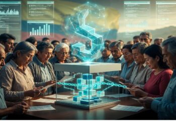 Personas reunidas alrededor de cubo transparente con bloques azules encadenados y holograma de dólar sobrepuesto, evocando análisis colectivo y procesos financieros en entorno digital.