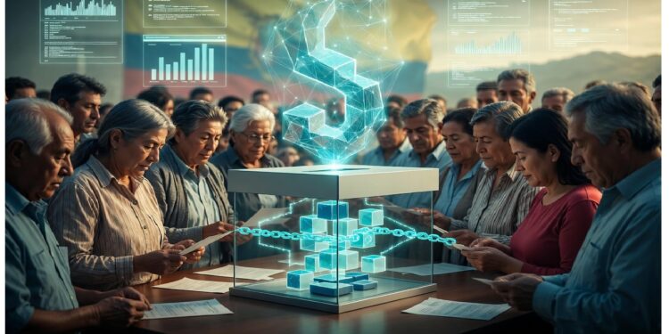 Personas reunidas alrededor de cubo transparente con bloques azules encadenados y holograma de dólar sobrepuesto, evocando análisis colectivo y procesos financieros en entorno digital.