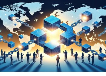 Cubos azules conectados por cadenas metálicas brillantes frente a un mapa mundial, con siluetas humanas alrededor, evocando conectividad global y redes blockchain descentralizadas.