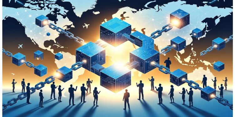 Cubos azules conectados por cadenas metálicas brillantes frente a un mapa mundial, con siluetas humanas alrededor, evocando conectividad global y redes blockchain descentralizadas.