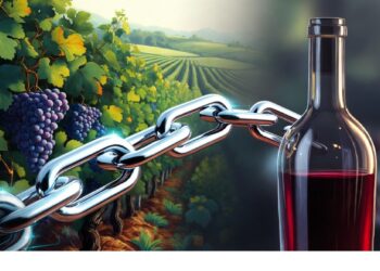 Viñedo con racimos de uvas moradas que se transforman en una cadena metálica conectada a una botella de vino tinto, simbolizando el proceso del cultivo a la producción.