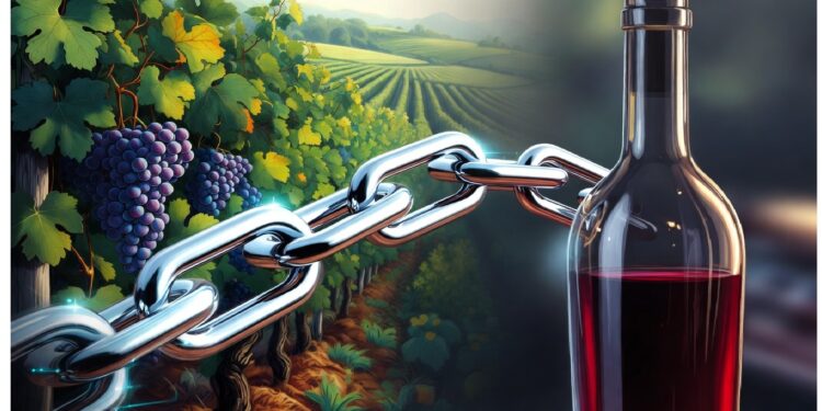 Viñedo con racimos de uvas moradas que se transforman en una cadena metálica conectada a una botella de vino tinto, simbolizando el proceso del cultivo a la producción.