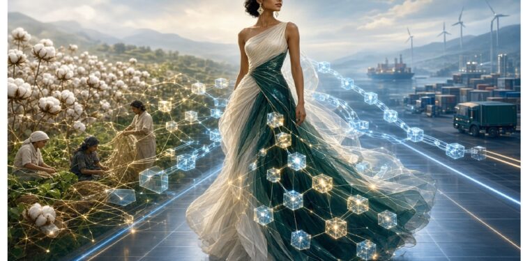 Persona con vestido que se fusiona con cubos luminosos sobre un camino futurista, con campo de algodón y trabajadores a un lado y puerto con contenedores al otro, evocando moda sostenible y cadena logística tecnológica.