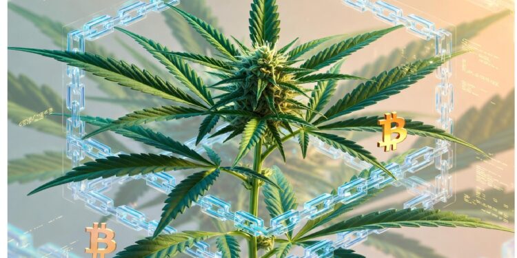 Planta de cannabis en primer plano rodeada por un marco hexagonal de eslabones digitales azules y dos símbolos de Bitcoin, representando la intersección entre cripto y sector cannábico.