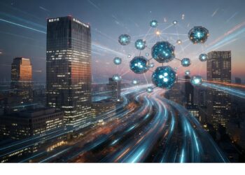 Ciudad futurista al anochecer con rascacielos y autopistas iluminadas, sobre la que flotan nodos y esferas digitales conectadas, evocando infraestructura urbana integrada con redes inteligentes.