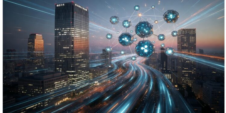 Ciudad futurista al anochecer con rascacielos y autopistas iluminadas, sobre la que flotan nodos y esferas digitales conectadas, evocando infraestructura urbana integrada con redes inteligentes.