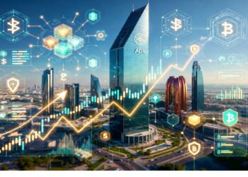 Rascacielos modernos con edificio ADX y superposición de gráficos blockchain, nodos, símbolo de Bitcoin y línea de crecimiento financiero, representando innovación fintech y mercados digitales.