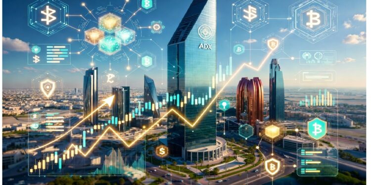 Rascacielos modernos con edificio ADX y superposición de gráficos blockchain, nodos, símbolo de Bitcoin y línea de crecimiento financiero, representando innovación fintech y mercados digitales.