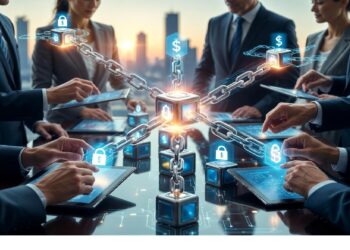 Profesionales reunidos alrededor de mesa con tabletas mientras red de cubos luminosos y símbolos financieros flota al centro, evocando colaboración empresarial y tecnología blockchain segura.