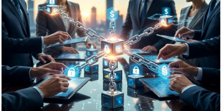 Profesionales reunidos alrededor de mesa con tabletas mientras red de cubos luminosos y símbolos financieros flota al centro, evocando colaboración empresarial y tecnología blockchain segura.