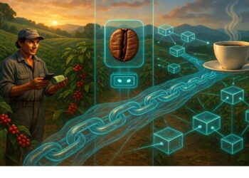Persona inspeccionando plantación de café al amanecer con superposición digital de cadena blockchain, cubos, grano de café y taza, simbolizando trazabilidad y tecnología en la cadena de suministro.