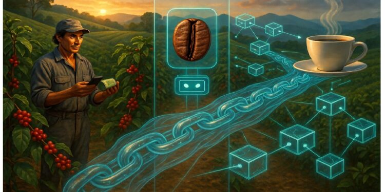 Persona inspeccionando plantación de café al amanecer con superposición digital de cadena blockchain, cubos, grano de café y taza, simbolizando trazabilidad y tecnología en la cadena de suministro.