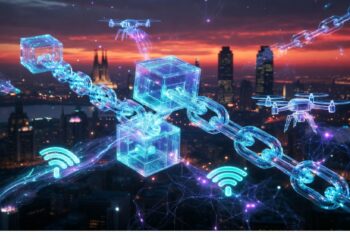 Ciudad futurista al atardecer con rascacielos y drones sobrevolando mientras cubos transparentes conectados por cadenas luminosas evocan redes descentralizadas y conectividad digital urbana.