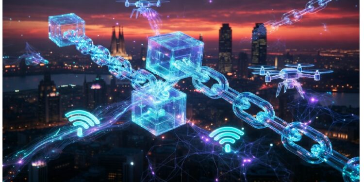Ciudad futurista al atardecer con rascacielos y drones sobrevolando mientras cubos transparentes conectados por cadenas luminosas evocan redes descentralizadas y conectividad digital urbana.