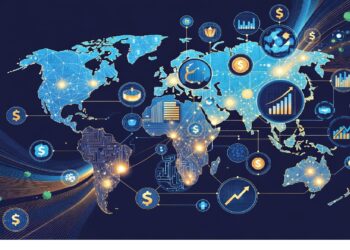 Tres personas con micrófonos frente a edificios clásicos mientras íconos financieros y gráficos conectados brillan sobre un mapa mundial, simbolizando economía digital y análisis global.