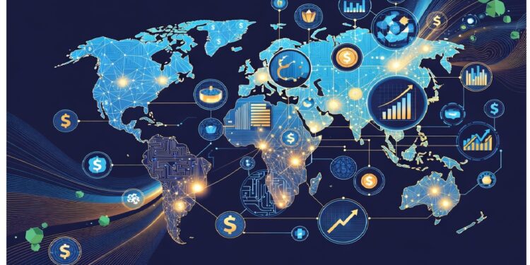 Tres personas con micrófonos frente a edificios clásicos mientras íconos financieros y gráficos conectados brillan sobre un mapa mundial, simbolizando economía digital y análisis global.