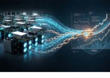 Rigs de minería cripto conectados a una cadena dorada que fluye hacia gráficos digitales ascendentes, simbolizando el proceso de minería y el crecimiento del valor en blockchain.