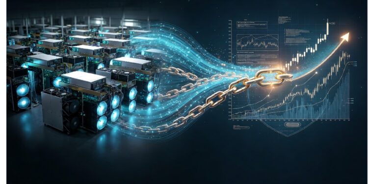 Rigs de minería cripto conectados a una cadena dorada que fluye hacia gráficos digitales ascendentes, simbolizando el proceso de minería y el crecimiento del valor en blockchain.