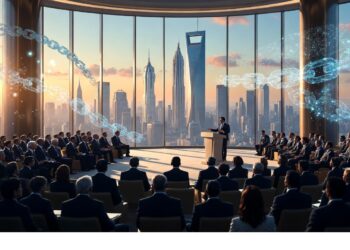 Audiencia en sala de conferencias con vista a ciudad futurista, mientras cadenas digitales flotantes simbolizan innovación tecnológica en un evento empresarial.