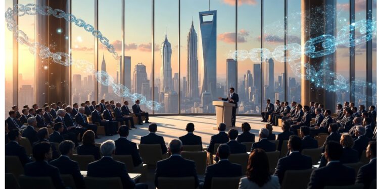 Audiencia en sala de conferencias con vista a ciudad futurista, mientras cadenas digitales flotantes simbolizan innovación tecnológica en un evento empresarial.