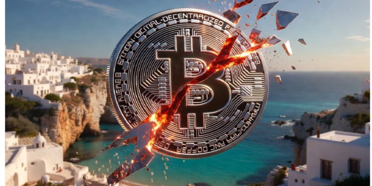Moneda metálica de Bitcoin agrietada con fisuras rojas flotando ante paisaje costero luminoso, evocando volatilidad cripto en contraste con un entorno sereno y arquitecturas blancas.