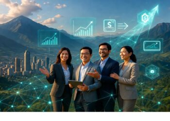 Cuatro personas de negocios al aire libre frente a paisaje montañoso con gráficos digitales superpuestos, evocando crecimiento financiero, análisis colaborativo y conectividad tecnológica.