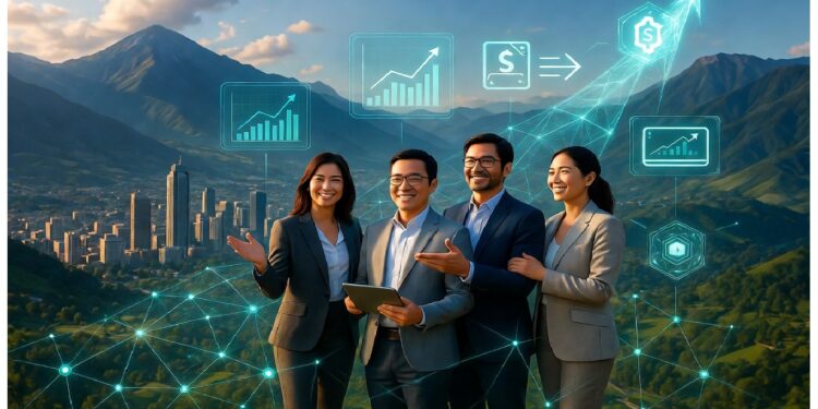 Cuatro personas de negocios al aire libre frente a paisaje montañoso con gráficos digitales superpuestos, evocando crecimiento financiero, análisis colaborativo y conectividad tecnológica.