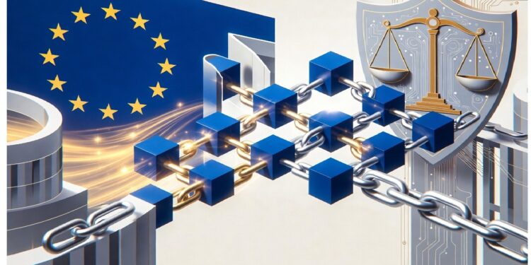 Bandera de la Unión Europea conectada por una cadena digital a un escudo con balanza dorada, sobre fondo con circuitos, simbolizando regulación y tecnología blockchain.