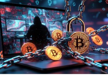 Portátil encadenado con candado de Bitcoin rodeado de monedas doradas, frente a figura encapuchada ante pantallas brillantes, evocando tensión entre seguridad cripto y amenazas digitales.