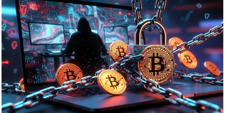 Portátil encadenado con candado de Bitcoin rodeado de monedas doradas, frente a figura encapuchada ante pantallas brillantes, evocando tensión entre seguridad cripto y amenazas digitales.