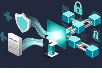 Persona frente a una interfaz digital que envía datos a una cadena de bloques con candados, junto a un documento de política y un escudo, simbolizando ciberseguridad y gestión segura de información.
