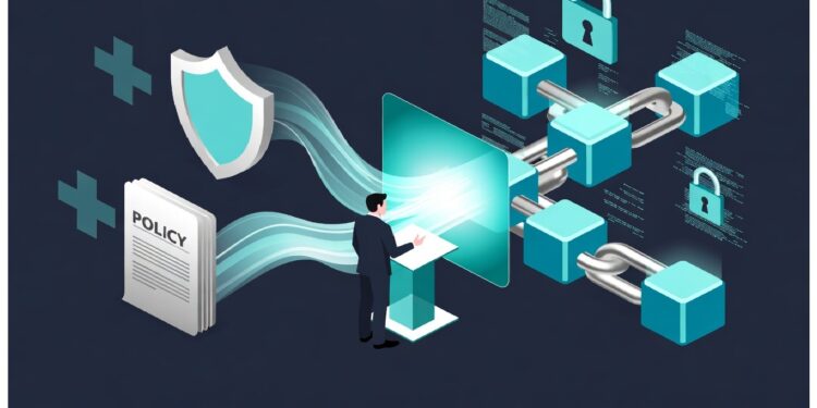 Persona frente a una interfaz digital que envía datos a una cadena de bloques con candados, junto a un documento de política y un escudo, simbolizando ciberseguridad y gestión segura de información.