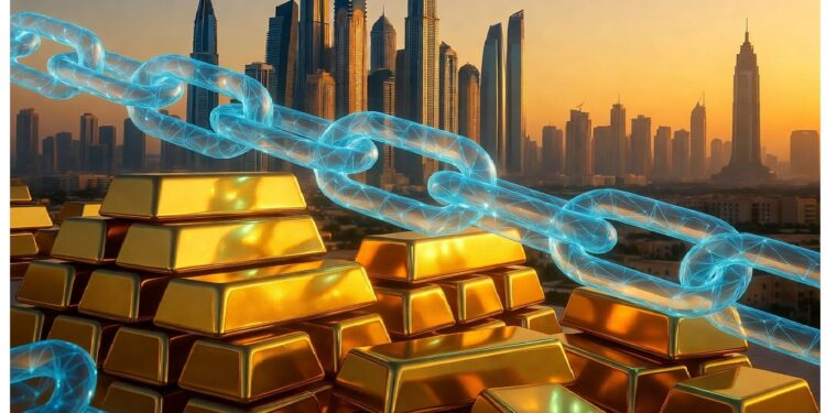 Lingotes dorados apilados en primer plano frente a rascacielos al atardecer, atravesados por cadena digital azul semitransparente que evoca vínculo entre riqueza tradicional y finanzas modernas.