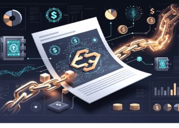 Documento brillante con símbolo de cadena conectado a eslabones dorados rodeado de iconos financieros y patrones digitales, evocando contratos inteligentes y transacciones seguras en blockchain.