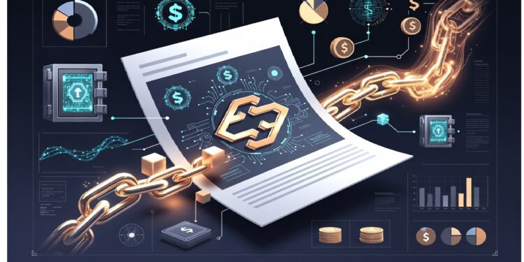 Documento brillante con símbolo de cadena conectado a eslabones dorados rodeado de iconos financieros y patrones digitales, evocando contratos inteligentes y transacciones seguras en blockchain.