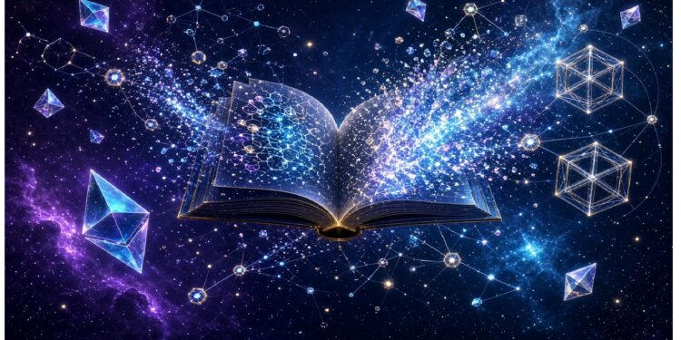 Libro abierto flotando en un entorno cósmico con formas geométricas luminosas y nodos conectados, mientras destellos salen de sus páginas, evocando conocimiento expansivo y ciencia en el universo.