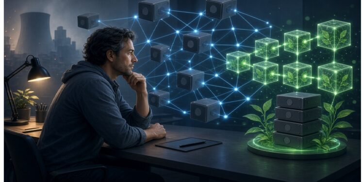 Persona frente a un escritorio observando una proyección con cubos conectados y algunos nodos verdes junto a plantas, evocando análisis tecnológico y sistemas digitales sostenibles en un entorno futurista.