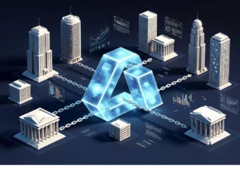 Estructura luminosa de bloques conectados en centro rodeada de edificios clásicos y rascacielos unidos por cadenas digitales, evocando integración financiera y redes descentralizadas.