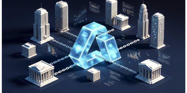 Estructura luminosa de bloques conectados en centro rodeada de edificios clásicos y rascacielos unidos por cadenas digitales, evocando integración financiera y redes descentralizadas.