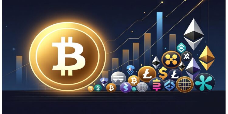 Símbolo dorado de Bitcoin rodeado de logos de distintas criptomonedas frente a gráficos ascendentes, evocando crecimiento del mercado cripto y dinamismo financiero digital.