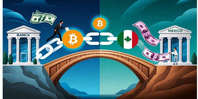 Edificios de bancos en EE. UU. y México unidos por una cadena de símbolos Bitcoin, con personas intercambiando billetes, representando transferencias internacionales mediante criptomonedas.