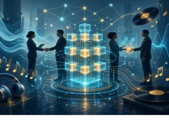 Profesionales estrechan manos junto a una estructura luminosa de cubos, rodeada de ondas, notas musicales y equipos de audio, con ciudad futurista al fondo, evocando colaboración digital y tecnología musical.